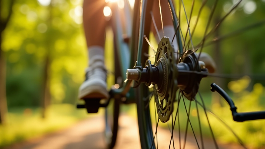 Dviračio pedalu sistema ir krumpliaračiai detale, vasaros saulės šviesa