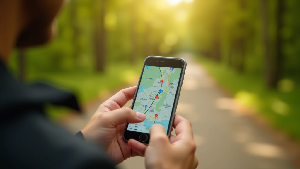 Išmanaus telefono ekrane rodoma dviračio navigacijos programa su maršrutu